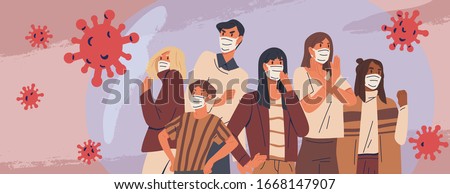 Crowd of people wearing medical masks banner. Preventive measures, human protection from pneumonia outbreak. Coronavirus epidemic concept. Respiratory disease, virus spread. Vector illustration