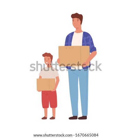 Cartoon father and son holding cardboard box isolated on white background. Happy family moving carry things packing at paper container vector flat illustration. Male character relocation