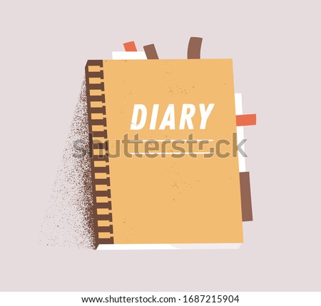 Orange daily paper notepad isolated on white background. Cartoon personal diary planner vector flat illustration. Colorful organizer page journal with sticker and bookmark