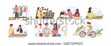 Set of various people conscious consumption lifestyle vector flat illustration. Collection of different person enjoying eco-friendly way of life isolated on white. Saving environment together