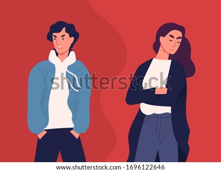 Concept of divorce, misunderstanding in family. Angry man and offended woman standing separately from each other. Relationship break up, crisis. Vector illustration in flat cartoon style.