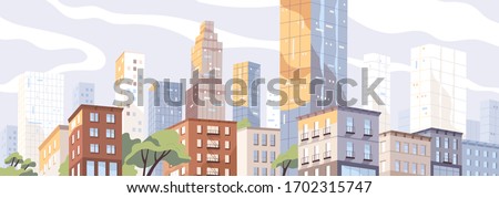 Modern city center with scyscrappers and residential houses. Colorful panoramic downtown view. Megalopolis cityscape. Metropolis skyline. Urban scenery. Vector illustration in flat style
