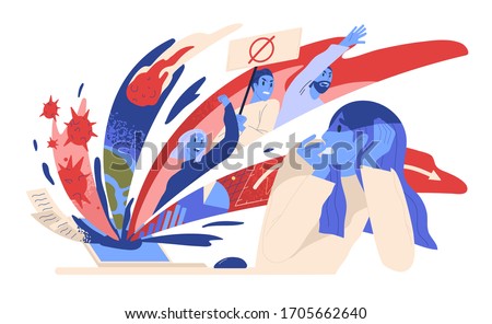 Woman suffering from panic attack after reading news online. Anxious posts in social media. Concept of fear of negative mass information in the internet. Vector illustration in flat cartoon style