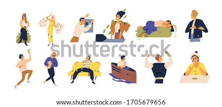 Concept of richness and poverty. Set of scenes with men and women save, spend, waste money isolated on white. Rich and poor people with banknotes and coins. Vector illustration in flat catoon style.