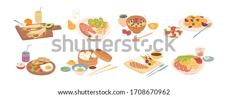 Set of different breakfast, lunch and dinner isolated on white background. Collection of cartoon appetizing fresh food and drink vector graphic illustration. Tasty colorful serving dish