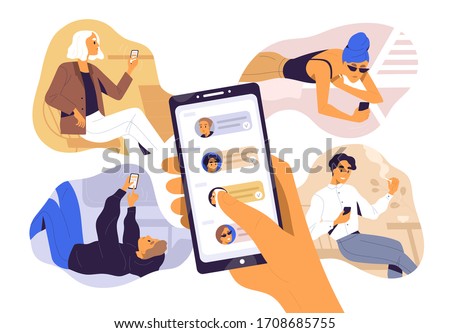Concept of sharing news, refer friends online. Hand holding smartphone with contacts on screen. Person forwards messages to friends or colleagues. Vector illustration in flat cartoon style