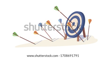 Cartoon arrows missed hitting target mark isolated on white background. Multiple fail inaccurate attempt hit archery goal vector illustration. Concept of business strategy and challenge failure