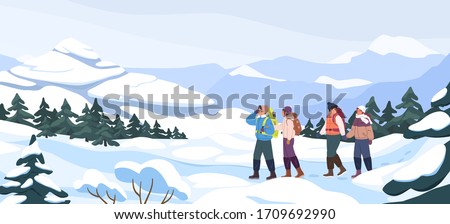 Group of cartoon backpacker winter hiking at mountain landscape panorama. Two active couple walking at snowy season. Colorful people outdoors activity. Travel expedition and mountaineering sport