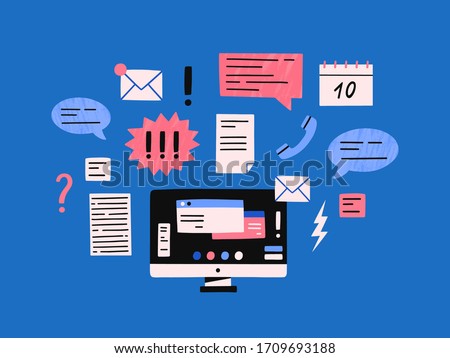 Cartoon computer monitor with many internet notifications vector flat illustration. Modern device with overwhelmed letters, calls, text messages and emails isolated. Desktop with important duty task