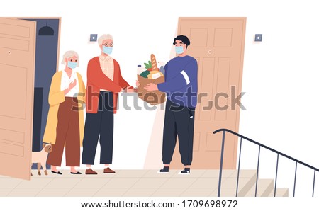 Elderly couple in face masks receiving a bag of groceries from delivery man. Volunteer taking care of senior family during virus outbreak. Shopping help. Vector illustration in flat cartoon style
