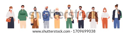 Different people wearing face masks isolated on white background. Man and women in respirators. Protection from coronavirus outbreak, pandemic prevention. Vector illustration in flat cartoon style