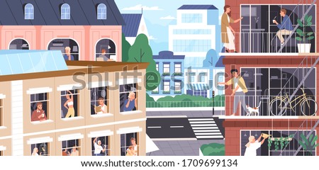 Stay at home concept. Coronavirus isolation period. People work, relax, doing sports at home. Neighbors in windows, on balconies. Quarantine during pandemic. Vector illustration in flat cartoon style