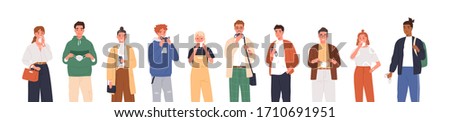 Smiling people remove face masks isolated on white background. End of coronavirus epidemic. Quarantine is over. Happy men and women taking off medical masks. Vector illustration in flat cartoon style.