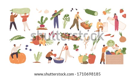 Set of various tiny people with different food and products isolated on white background. Collection of cartoon person with organic farm harvest vegetable, drink and meal vector graphic illustration