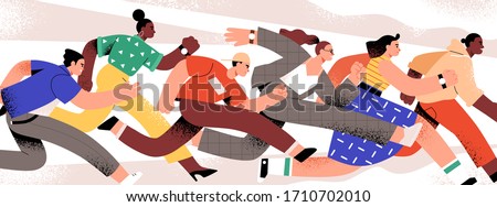 Group of colorful runners people isolated on white background. Cartoon jogging male and female in motion vector flat illustration. Person runner race lifestyle, competition between man and woman