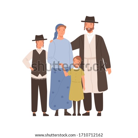 Traditional jews smiling cartoon family vector flat illustration. Colorful jewish mother, father, son and daughter standing together isolated on white. Happy people hugging having positive emotion