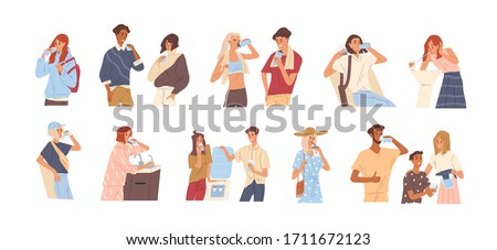 Different people drinking water from a glass, bottle, fountain, cooler, tap, filter. Man and woman quenching thirst isolated on white background. Vector illustration in flat cartoon style