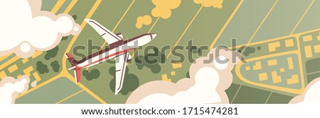 Airplane flight top view. Panoramic landscape with fields, meadows and plane flying in clouds. Birds eye view scenery. Colorful horizontal banner. Vector illustration in flat cartoon style