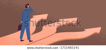 Thoughtful man standing at crossroads. Way choice concept. Start of career. Confused businessman thinking about the right path. Pathway selection dilemma. Vector illustration in flat cartoon style