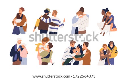 Set of different cartoon people hugging feeling love and positive emotion vector graphic illustration. Collection of friends, couple, teens and married embracing isolated on white background