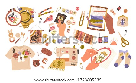 Set of embroidery and weaving vector flat illustration. Collection of different type handmade creative hobby isolated on white. Sewing with beads, floss thread, stitch fancywork, machine embroidery