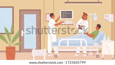 Female doctor and nurse visit male patient in intensive therapy room at hospital vector flat illustration. Cartoon medical personnel working at clinic interior. Sick man with dropper lying on bed