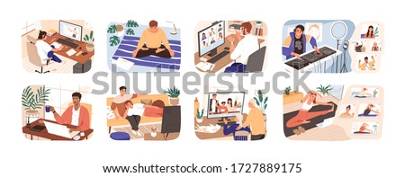 People stay at home. Men and women working, doing exercises and yoga, relax, communicate with family during quarantine. Work, leisure and hobby on isolation. Vector illustration in flat cartoon style.
