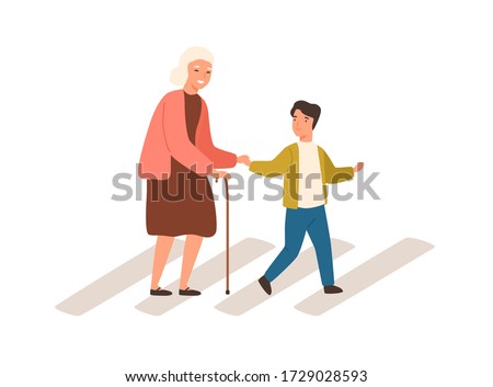 Joyful polite boy help grandmother cross street vector flat illustration. Smiling well mannered child assistance to aged woman isolated on white. Male kid and elderly female go on crosswalk together