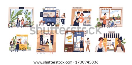 Set of happy cartoon diverse people work at family business vector flat illustration. Collection of owners and customers with small shop, cafe, store facades and services isolated on white