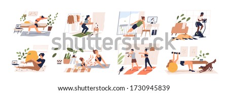People doing exercises with dumbbell, squat, practice yoga, cycling. Men, women, families and couples doing sports at home. Home workout collection. Vector illustration in flat cartoon style Сток-фото © 