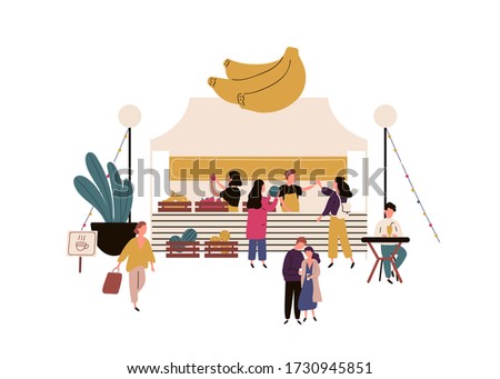 Crowd of cartoon people buying fresh fruit in kiosk and drink juice vector flat illustration. Man and woman walking at local market isolated on white. Fair with organic natural products