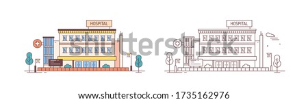 Colorful and monochrome hospital building in modern lineart style. Clinic architecture drawn with contour lines isolated on white background. Medical center construction vector flat illustration