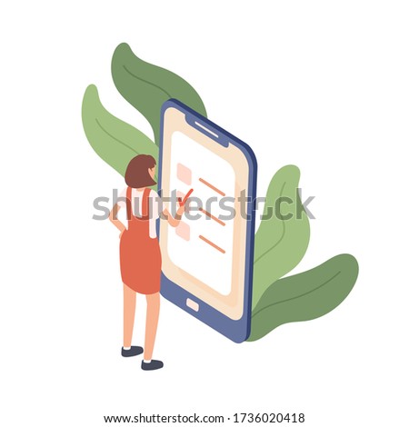 Colorful woman standing near giant device putting mark at planning app vector isometric illustration. Female with checklist application isolated on white. Girl choosing answer during testing