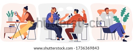 Set of cartoon smiling people listening and recording audio podcast or online show vector flat illustration. Joyful person radio host interviewing guest, mass media broadcasting isolated on white