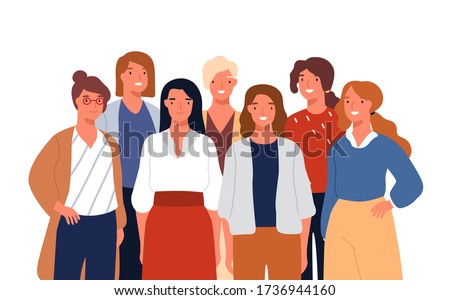 Group portrait of adorable young smiling woman posing together vector flat illustration. Colorful female business team isolated on white background. Funny cute office workers or colleagues.