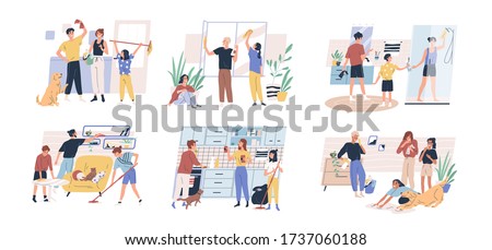 Happy parents with children cleaning rooms and windows. Family doing housework together. Spring cleaning. Set of scenes isolated on white background. Vector illustration in flat cartoon style