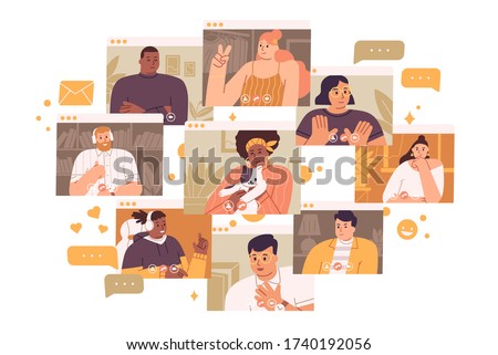 Concept of videoconference and web communication. Team meeting online. Smiling man and women work remotely and have a corporate virtual discussion. Vector illustration in flat cartoon style