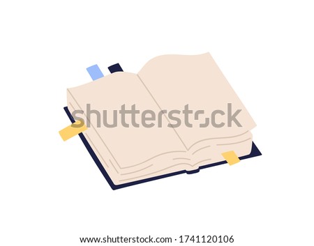Open paper book with empty pages and colorful bookmarks vector illustration. Colored notebook with stickers isolated on white background. Textbook or organizer in hardcover