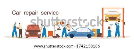 Professional mechanic in overalls working at car repair service vector flat illustration. Colorful man and woman at process diagnostic, lift, change of machine oil isolated on white background