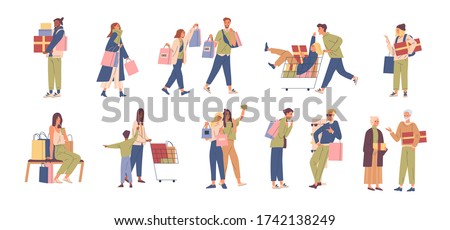 Set of various happy people buyer vector flat illustration. Collection of different man, woman, couple and child with gift box, trolley and shopping bag isolated on white. Joyful shopaholic person