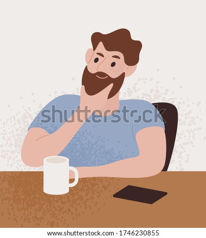 Pensive bearded guy sitting at table with thoughtful face expression vector flat illustration. Male portrait thinking solving problem or dreaming isolated on white. Man think about something Stock foto © 