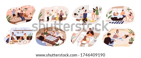 Set of family home activities. Happy parents and children playing video and board games, cooking, dancing, doing jigsaw puzzle, taking bath, painting together. Vector illustration flat cartoon style