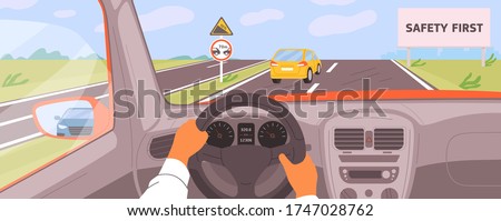 Male hands driving car moving on highway vector illustration. Driver riding on road inside of automobile. Safety first billboard, keep a distance and rise. Vehicle panel view during auto journey