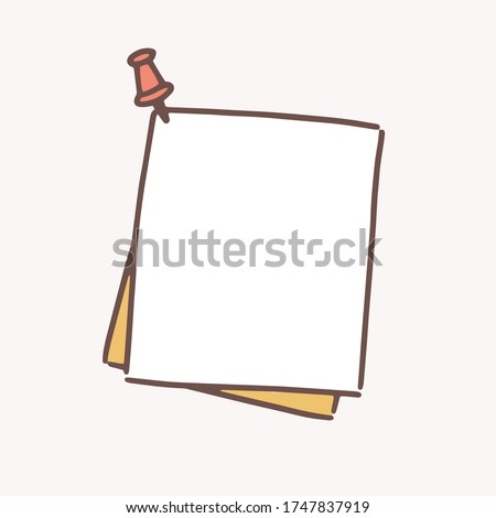Clean hand drawn paper sheet attached with drawing pin vector flat illustration. Reminder blank pinned at wall ready to write memo, notes, announcement or message isolated on white background