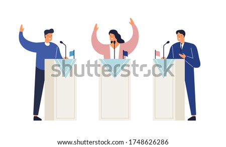 People politicians standing on tribunes with raising hands vector isometric illustration. Man and woman at political debates, pre-election campaign or agitate isolated on white. Candidate meeting