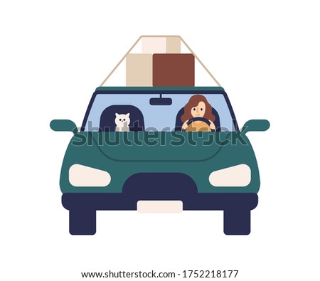 Cute woman driver ride at automobile with cat vector flat illustration. Female driver and pet carrying box on roof of car front view isolated on white. Smiling girl carry things on vehicle Foto d'archivio © 