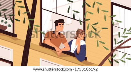 Man and woman looking out the window, breathing fresh air, thinking and contemplating. People stay at home during quarantine and enjoying good spring weather. Vector illustration in flat cartoon style