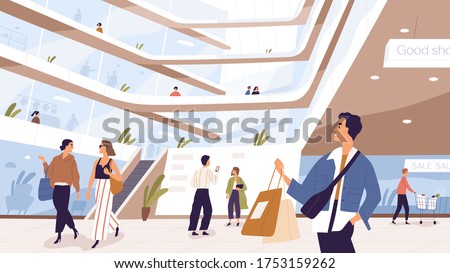 Joyful man and woman with packages inside shopping mall vector illustration. People customers taking selfie, talking, carrying trolley at modern outlet. Buyer person spending time at store or shop