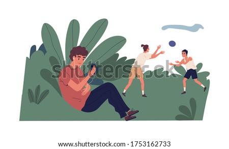 Smiling teenager in headphones holding smartphone making video call at park vector flat illustration. Modern guy sitting in bushes chatting online conversation during male play ball isolated