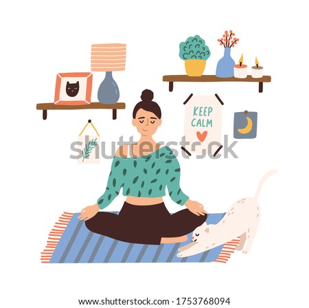 Meditating woman sitting in lotus pose with closed eyes vector flat illustration. Female with crossed legs practicing yoga at home isolated on white. Smiling girl enjoying time for yourself ストックフォト © 